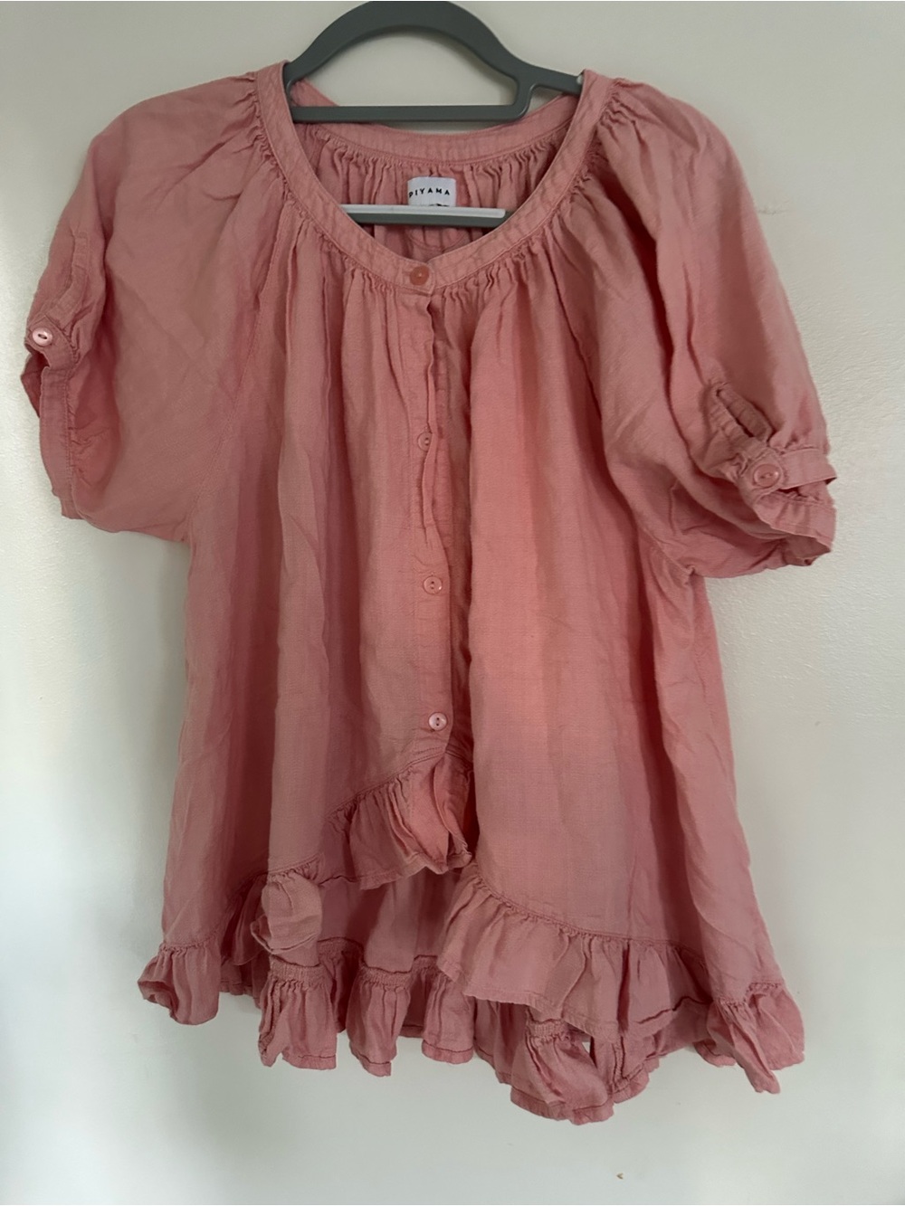 PIYAMA Dusty Pink Ruffle Hem Button Front pyjama Top Size M/L Short Puff Sleeve